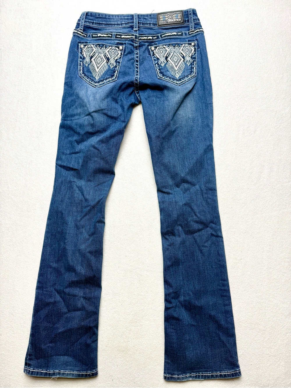 Grace in LA Medium Blue Bootcut Jeans with Beaded Pocket Accents - Picture 4 of 10